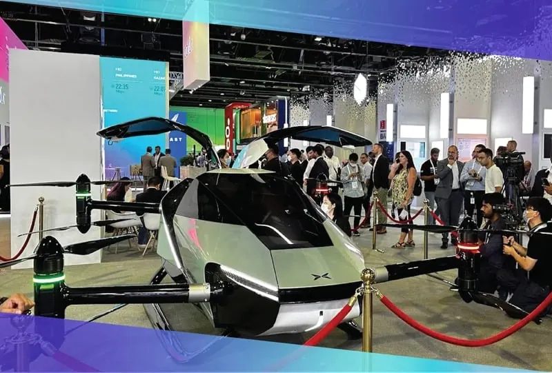 An electric air taxi on display on the exhibition floor